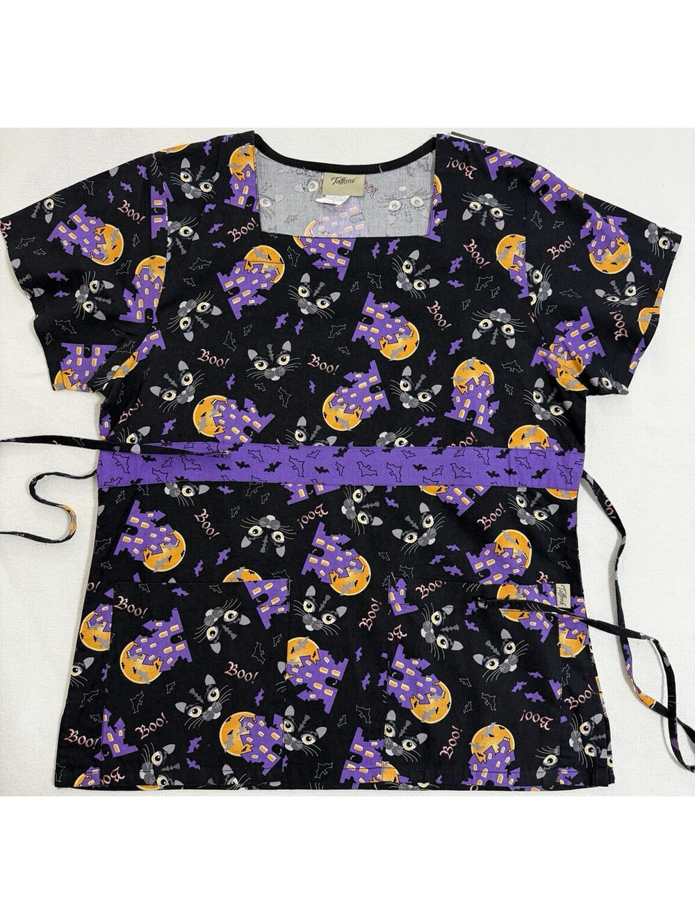 Tafford Womens Halloween Scrub Top Black Cat Moon Empire Waist Tie Purple Small